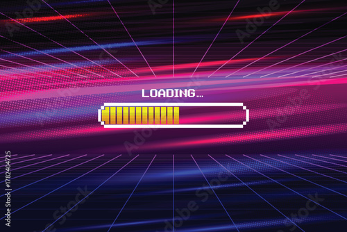 LOADING bar. pixel art. 8 bit. Retro Futurism Sci-Fi Background. glowing neon grid and star from vintage arcade computer game.