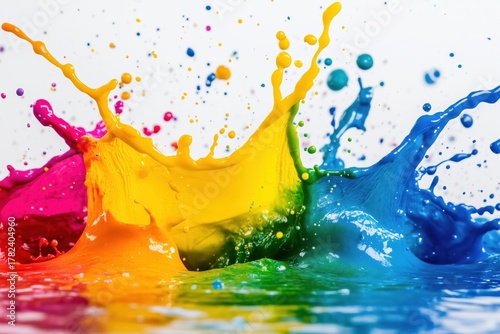 A vibrant splash of multicolored paint creating dynamic patterns in water.