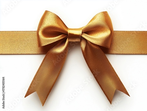 A shiny golden ribbon bow placed on a white background, perfect for gift wrapping.