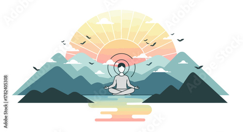 Person Meditating in Lotus Pose Surrounded by Mountains, Sunset and Birds