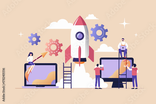 Team launching a rocket into the sky with computers and gears symbolizing teamwork and innovation