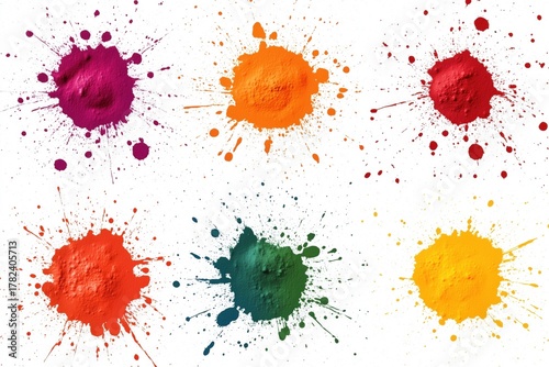 A collection of vibrant paint splashes in various colors on a clean white background.