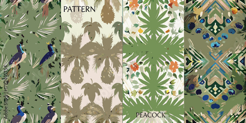 Collection of four distinct seamless patterns featuring peacocks palm trees tropical foliage and abstract geometric designs