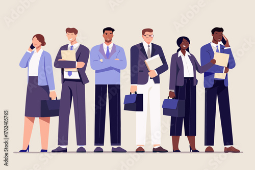 Diverse group of business professionals standing together in formal attire with briefcases and documents