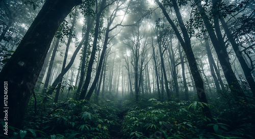 A dense forest with tall trees and lush green foliage under a misty sky creating an eerie atmosphere ai generated