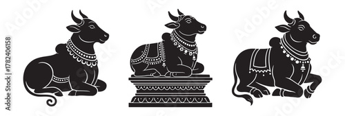 Sacred nandi statue inspired vector illustrations in traditional Indian ornamental style, black silhouette artwork, cultural design set