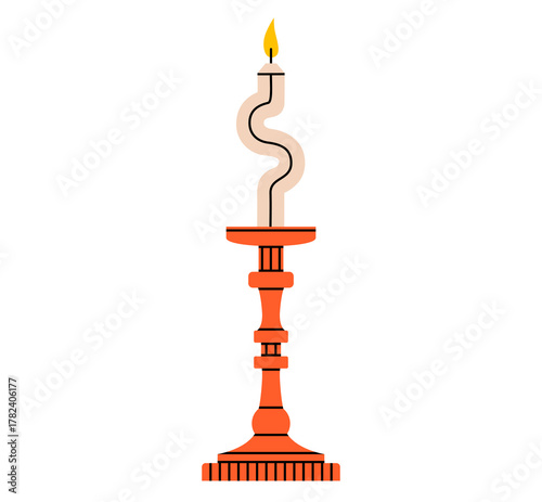 Hand drawn cute illustration of vintage candlestick. Flat vector burning decorative candle in holder sticker doodle. Holiday evening concept icon. Candlelight dinner. Celebration event. Isolated.