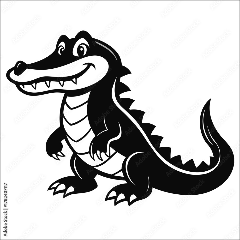 Fototapeta premium Friendly alligator cartoon floating on water with a big smile in monochrome style 