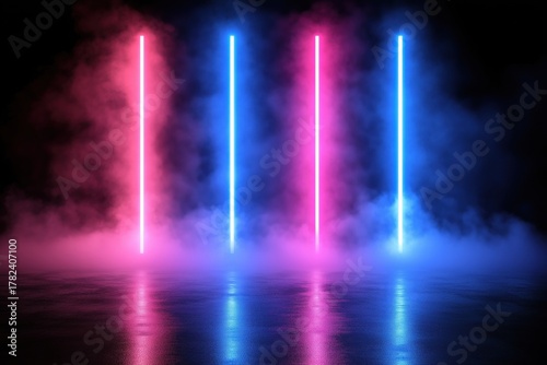 Colorful neon lights in pink and blue against a dark background with smoke.