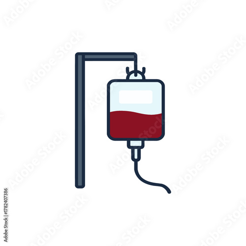 Medical iv drip bag with red liquid hanging on a stand