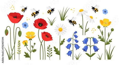 Colorful wildflowers with bees A vibrant illustration of summer blooms and pollination
