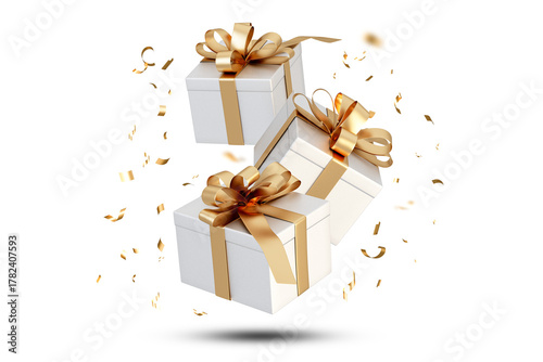 White gift boxes with golden ribbon flying isolated on transparent