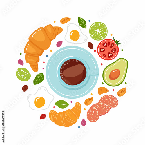 Vector illustration of a breakfast food set arranged in a circular composition. Featuring coffee, croissant, fried egg, avocado, and sausage