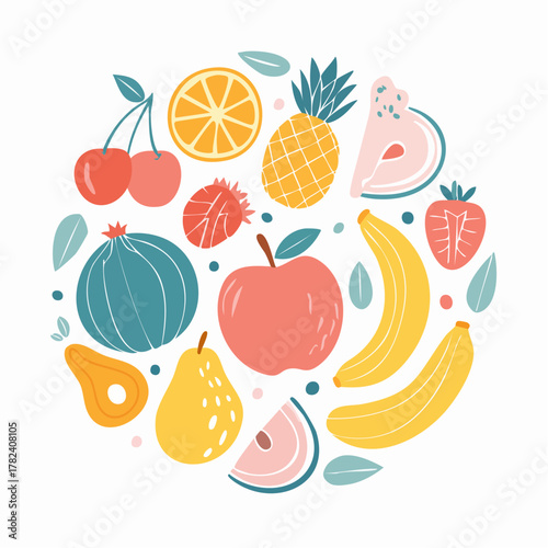 Vibrant Hand-Drawn Fruits and Berries in Trendy Abstract Style