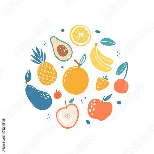 Hand drawn colorful fruit and berries composition, trendy abstract style with healthy natural ingredients