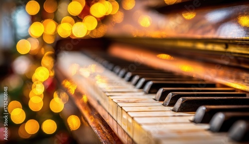 Piano keys with festive bokeh lights create a warm, musical atmosphere.