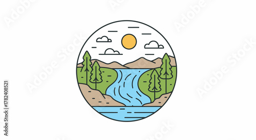 Stylized circular illustration depicting a serene natural landscape with a flowing river, lush green trees, rolling hills, and a bright sun in a cloudy sky.
