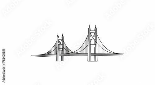 A detailed, minimalist illustration showcasing a suspension bridge design, featuring two towers and cables.