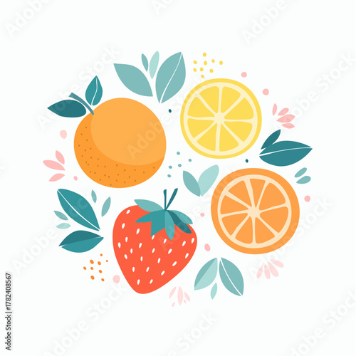 Vibrant contemporary abstract fruit illustration in a circular design, featuring hand-drawn strawberries, lemons, and oranges with botanical elements
