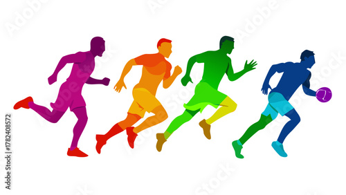 Dynamic silhouettes of athletes playing soccer, basketball, and running, energetic motion, vector design