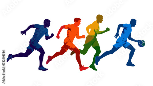 Dynamic silhouettes of athletes playing soccer, basketball, and running, energetic motion, vector design