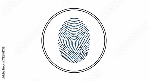 A stylized fingerprint icon, rendered with blue lines, enclosed within a circular frame on white background.