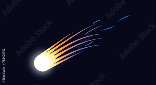 A vibrant, stylized illustration of a glowing comet with a colorful streaking tail in a dark cosmic space.
