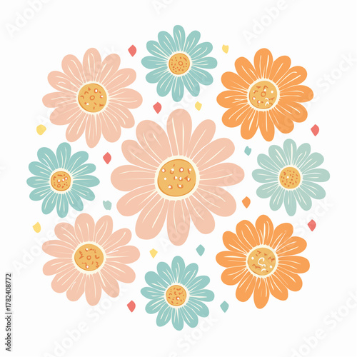 Vibrant yet gentle illustration of an abstract floral bouquet, featuring an array of stylized blossoms and geometric accents in a pleasing circular composition