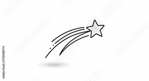 A stylized outline drawing of a shooting star with a trailing arc of light against a plain white background, casting a subtle shadow.
