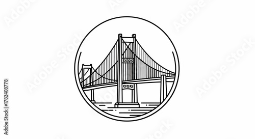 A stylized black and white illustration depicting a suspension bridge within a circular frame.
