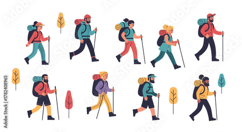 Hikers Trekking Through Nature Vector Illustration of Diverse Backpackers on a Trail