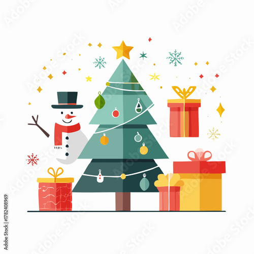 Festive Christmas Scene with Snowman, Gifts, and Decorated Tree Surrounded by Snowflakes and Stars