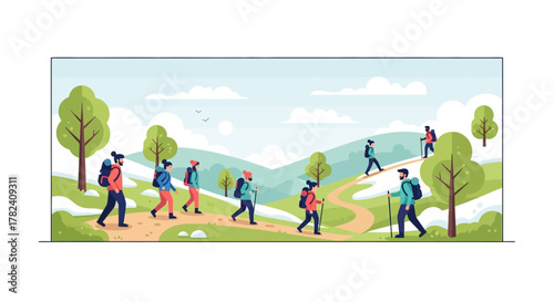 Vibrant Flat Design Illustration of Hikers Exploring Scenic Mountain Trails Together Under a Bright Sky, Embracing Nature and Outdoor Adventure