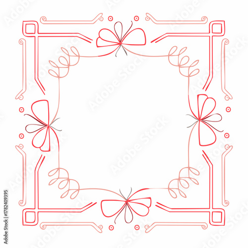 Elegant minimalist line art with whimsical red and pink ribbon bows. A delicate hand-drawn square frame for invitations or celebrations