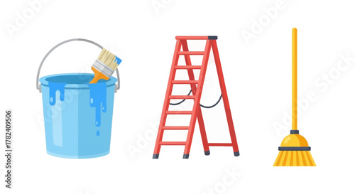 House cleaning and home improvement tools bucket with paint and brush, ladder and broom icons