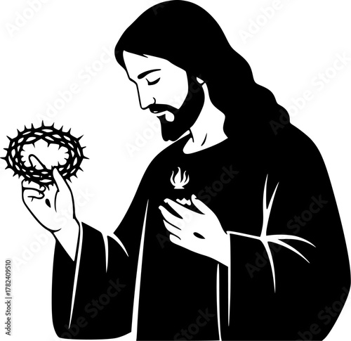 The Jesus with Crown of Thorns. Christian Clipart silhouette Vector Logo Symbol isolated on white background. Depiction christ adorned in thorny chaplet suffering agony religious icon