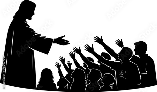 The Jesus Calling People. Christian Clipart silhouette Vector Logo Symbol isolated on white background. Followers embracing faith searching divine connection and guidance. 