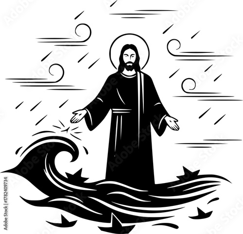 The Jesus Calming Storm. Christian Clipart silhouette Vector Logo Symbol isolated on white background. Divine intervention christs placid control during a violent sea tempest miracle. 