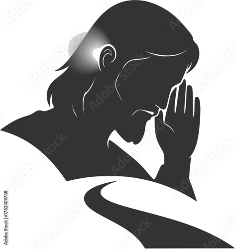 The Jesus Listening. Christian Clipart silhouette Vector Logo Symbol isolated on white background. Devout attentiveness sacred audio experience aural guidance divine counsel.