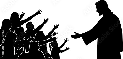 The Jesus Calling People. Christian Clipart silhouette Vector Logo Symbol isolated on white background. Followers embracing faith searching divine connection and guidance. 