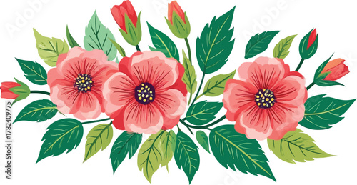Floral design with pink flowers buds and green leaves illustration. Decorative plants for print, posters, card and wallpaper. Vector illustration.