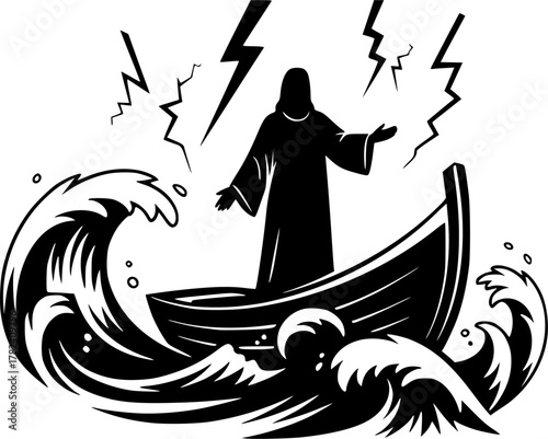 The Jesus Calming Storm. Christian Clipart silhouette Vector Logo Symbol isolated on white background. Divine intervention christs placid control during a violent sea tempest miracle. 