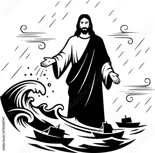 The Jesus Calming Storm. Christian Clipart silhouette Vector Logo Symbol isolated on white background. Divine intervention christs placid control during a violent sea tempest miracle. 