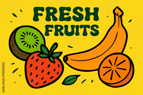Colorful and fresh fruit illustration featuring a delicious selection of natural produce like strawberries, bananas, kiwis, and oranges, symbolizing healthy eating and vitality