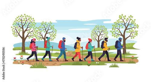 Diverse group of friends enjoying a scenic nature hike, exploring trails together with backpacks and walking sticks on an outdoor adventure