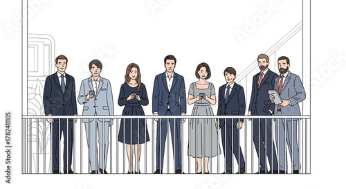 Group of people standing behind a barrier looking at their phones
