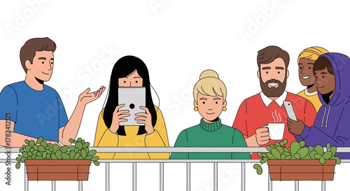 People Connecting on Balcony Using Mobile Devices and Enjoying Outdoors