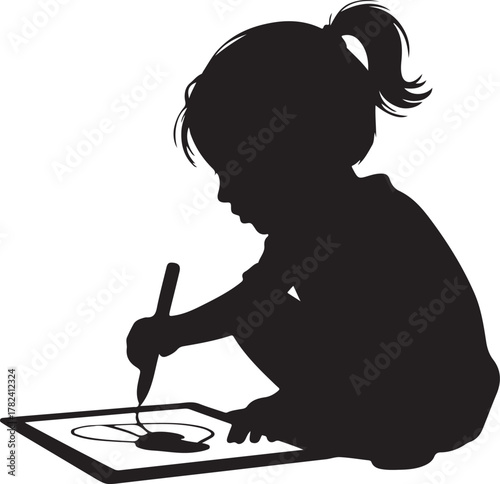Black silhouette of a young girl with a ponytail drawing with a pen on a tablet child