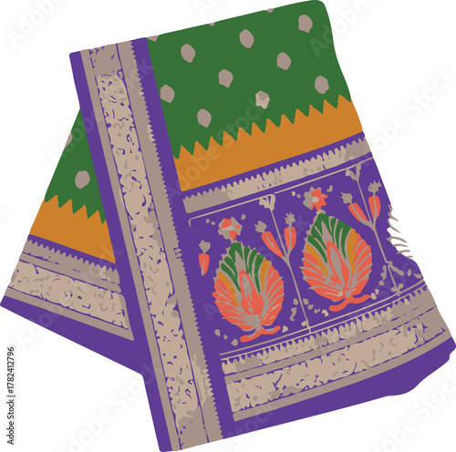 Folded green saree with orange border and purple floral pattern fabric textile