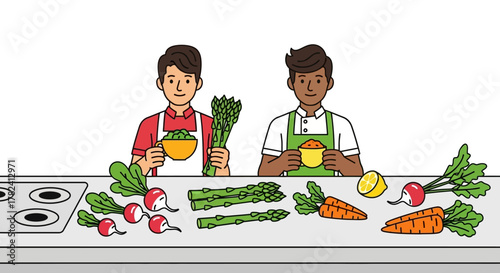 Two people preparing healthy meal with fresh vegetables on kitchen counter